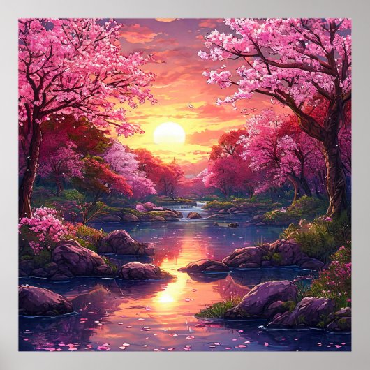 🌸 夢のようなピンクの花咲く木と夕焼けの湖の静けさ ポスター (正面)