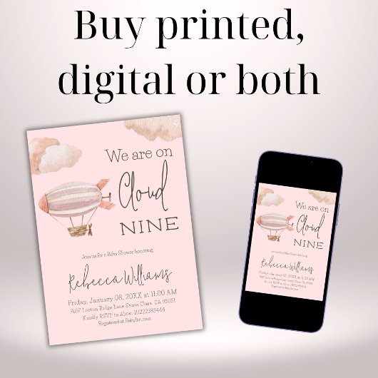 夢のようなピンクの雲9空をテーマにした女の子ベビーシャワー 招待状