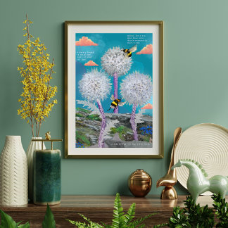 夢のようなミツバチとタンポポのミックスメディア植物画 ポスター