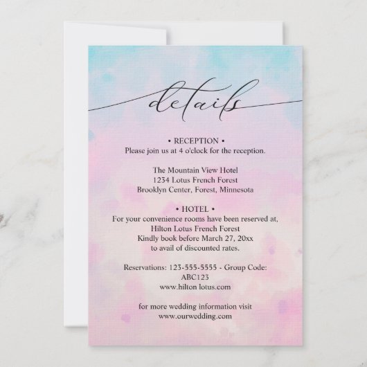 夢のようなレインボーユニコーンの水色オールインワン 招待状 (裏面)