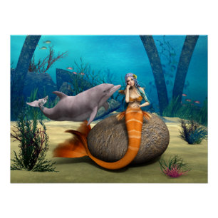 夢のような人魚とイルカの幻想的な水中アート ポスター