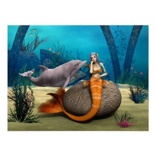 夢のような人魚とイルカの幻想的な水中アート ポスター (正面)