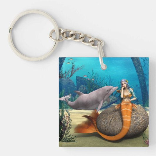 夢のような人魚とイルカの水中幻想アート キーホルダー (正面)