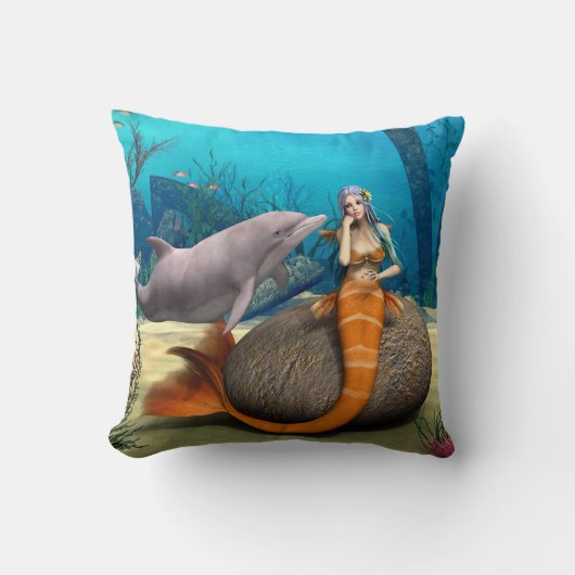 夢のような人魚とイルカの水中幻想アート クッション (正面)