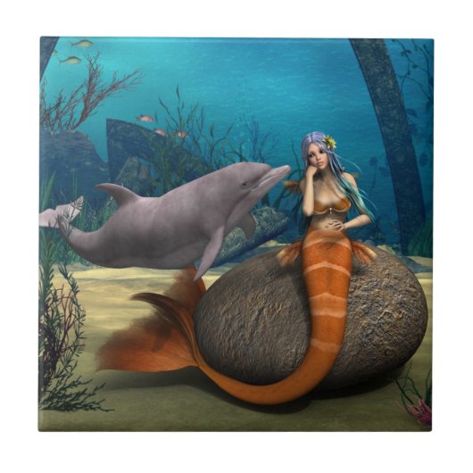 夢のような人魚とイルカの水中幻想アート タイル (正面)