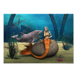夢のような人魚とイルカの水中幻想アート フォトプリント