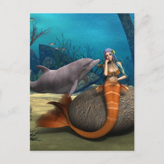 夢のような人魚とイルカの水中幻想アート ポストカード (正面)