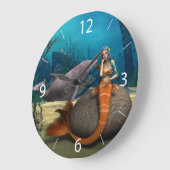 夢のような人魚とイルカの水中幻想アート ラージ壁時計 (傾斜)