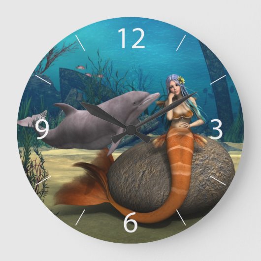 夢のような人魚とイルカの水中幻想アート ラージ壁時計 (正面)