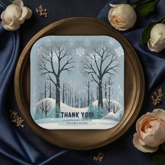 夢のような冬の森の雪の結晶ベビーシャワー ペーパープレート