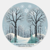 夢のような冬の森の雪の結晶ベビーシャワー ラウンドシール (正面)