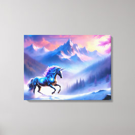 夢のような冬の風景を描く黒いユニコーン キャンバスプリント