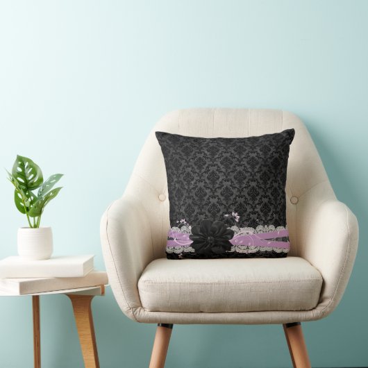 夢のような夜の黒い花のダマスク枕 クッション (椅子)