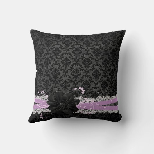 夢のような夜の黒い花のダマスク枕 クッション (裏面)