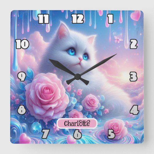 夢のような子猫:ピンクのバラ、青い目 スクエア壁時計 (正面)