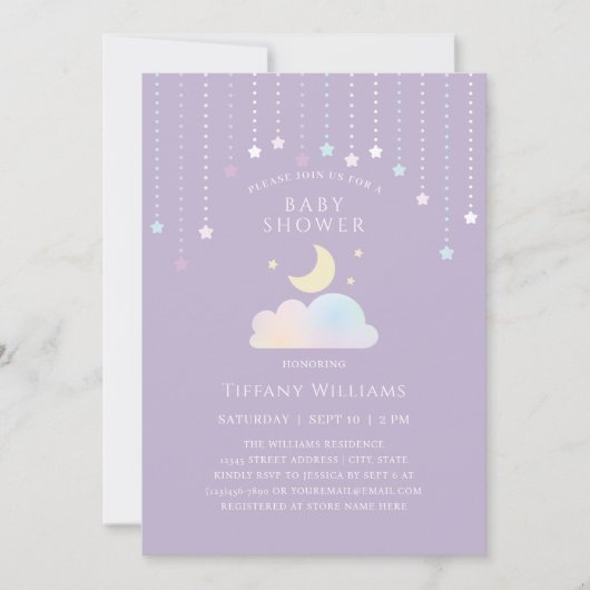 夢のような星空の月と星の赤ちゃんシャワー 招待状 (正面)