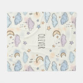 夢のような星、月、ふわふわした雲 フリースブランケット (正面(横))