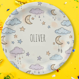 夢のような星、月、ふわふわした雲 ペーパープレート
