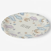 夢のような星、月、ふわふわした雲 ペーパープレート (アングル)