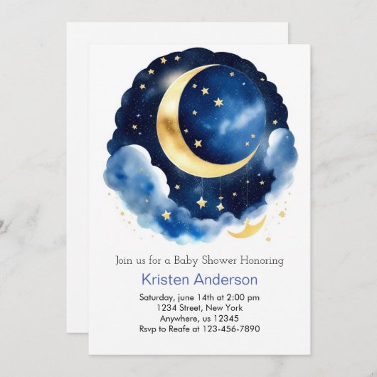 夢のような月と星のブルーボーイベビーシャワー 招待状 (正面/裏面)