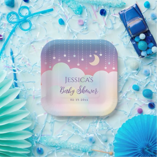 夢のような月と星の赤男女兼用ちゃんシャワー ペーパープレート (パーティー)