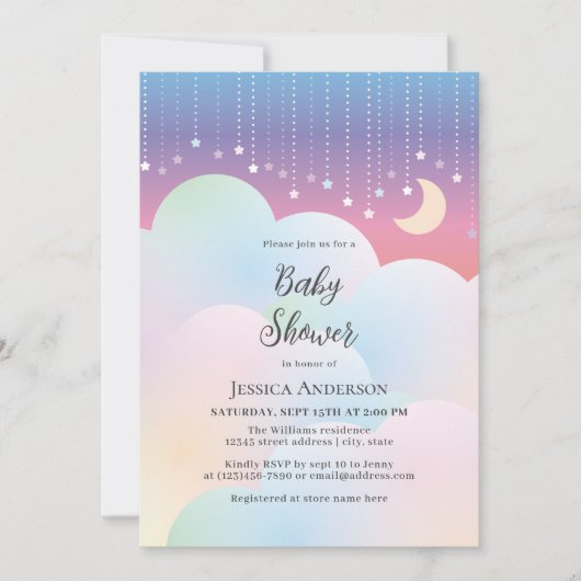 夢のような月と星の赤男女兼用ちゃんシャワー 招待状 (正面)