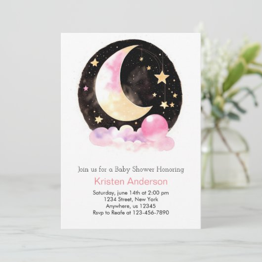 夢のような月と星ピンクの女の子の赤ちゃんシャワー 招待状 (スタンド正面)