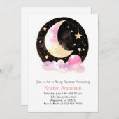 夢のような月と星ピンクの女の子の赤ちゃんシャワー 招待状 (正面/裏面)