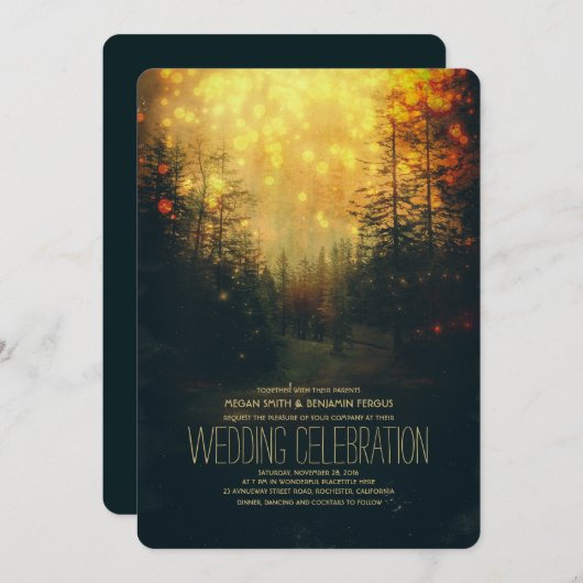 夢のような森の文字列ライトツリー結婚ズ 招待状 (正面/裏面)