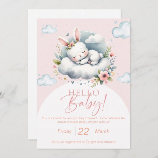 夢のような水の色のバニー赤ちゃんシャワーの招待 招待状 (正面/裏面)