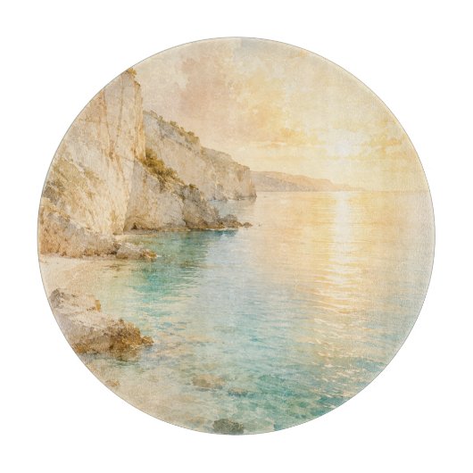 夢のような水彩画の海岸の崖の日の出 | カッティングボード (正面)