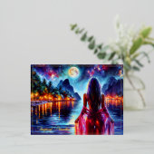 夢のような海ビーチの女の子の月とライト 箔シーズンポストカード (立ち正面)