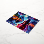 夢のような海ビーチの女の子の月とライト 箔シーズンポストカード (回転した状態)