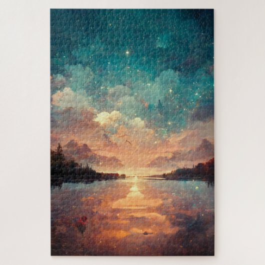 夢のような湖と夕日 |横絵画景 ジグソーパズル (縦)