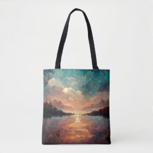 夢のような湖と夕日 横絵画景 トートバッグ