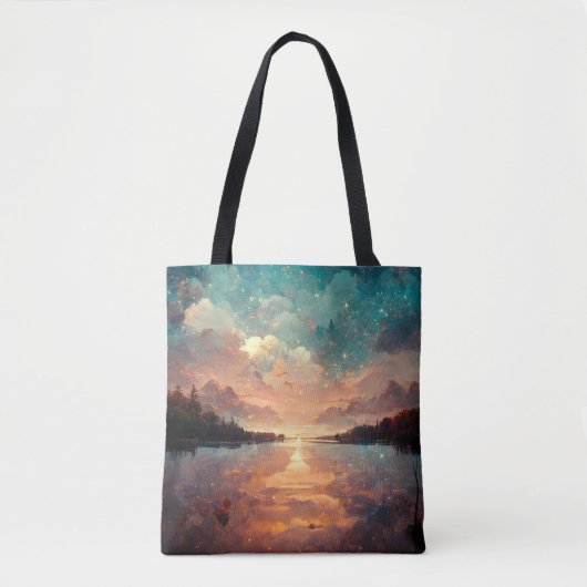夢のような湖と夕日 |横絵画景 トートバッグ (正面)
