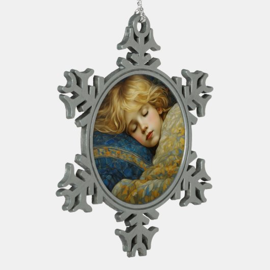 夢のような眠る子をフローラキルト スノーフレークピューターオーナメント (左)