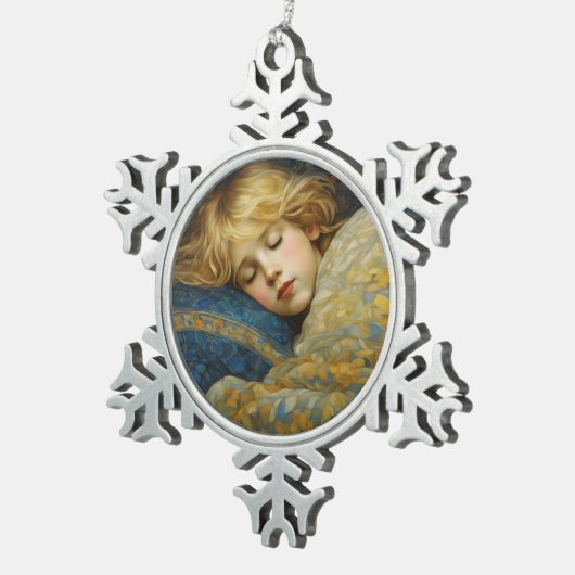 夢のような眠る子をフローラキルト スノーフレークピューターオーナメント (右)