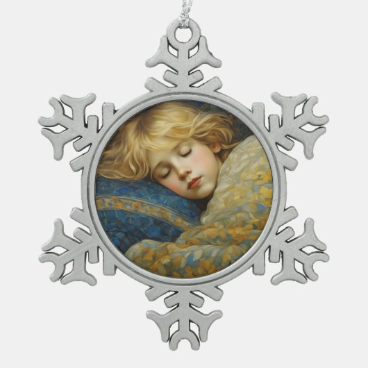 夢のような眠る子をフローラキルト スノーフレークピューターオーナメント (正面)