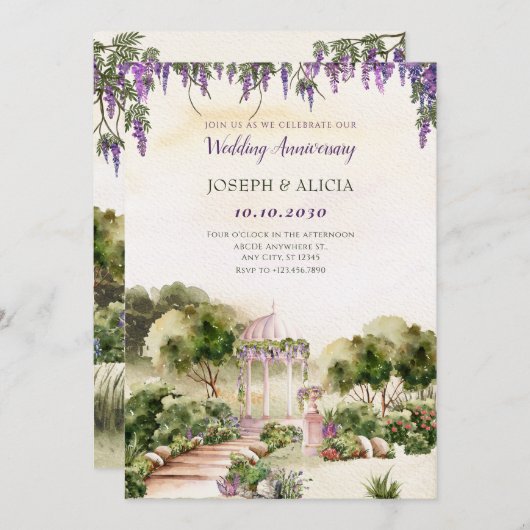 夢のような緑のガーデンエレガントな結婚記念日 招待状 (正面/裏面)
