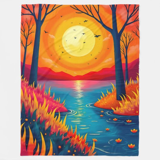 夢のような色彩豊かな夕焼けの湖の森のイラスト フリースブランケット (正面)