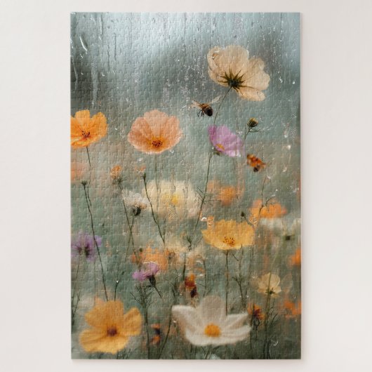 夢のような雨の窓辺の野の花の庭の絵 ジグソーパズル (縦)