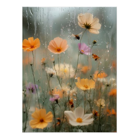 夢のような雨の窓辺の野の花の庭の絵 ポスター (正面)