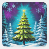 夢のような雪の前に星を持つネオングローパイン スクエアシール (正面)