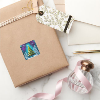 夢のような雪の前に星を持つネオングローパイン スクエアシール