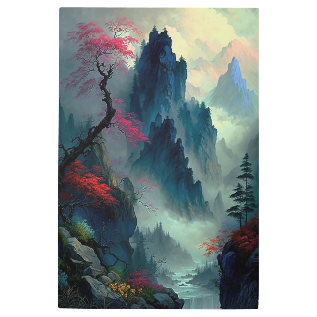 夢のような霧の山の風景メタルウォールアート メタルプリント (正面)