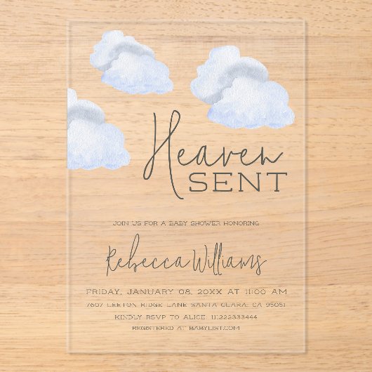 夢のような青い天国が空をテーマにした少年の赤ちゃんシャワーを送信 アクリル招待状 (正面)