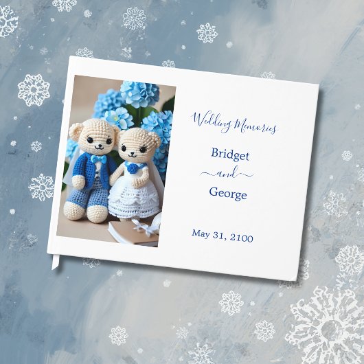 夢のような青と白のクロシェ結婚トのカップル ゲストブック