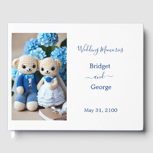 夢のような青と白のクロシェ結婚トのカップル ゲストブック (正面)