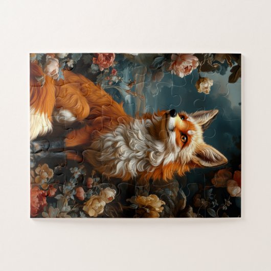 夢のような風景の中に立っている神秘的な赤いキツネ ジグソーパズル (横)